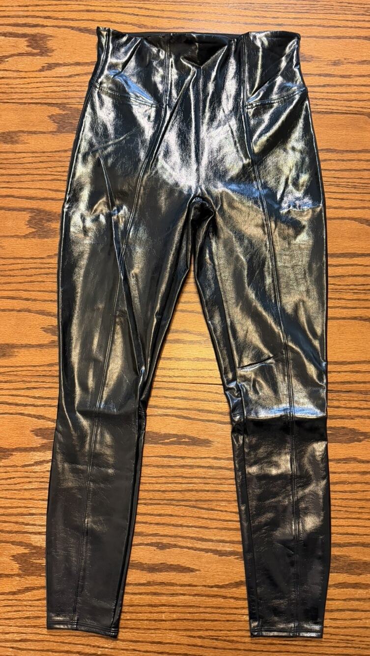 Spanx Women's Black Faux Patent Leather High Rise Ankle Leggings Medium